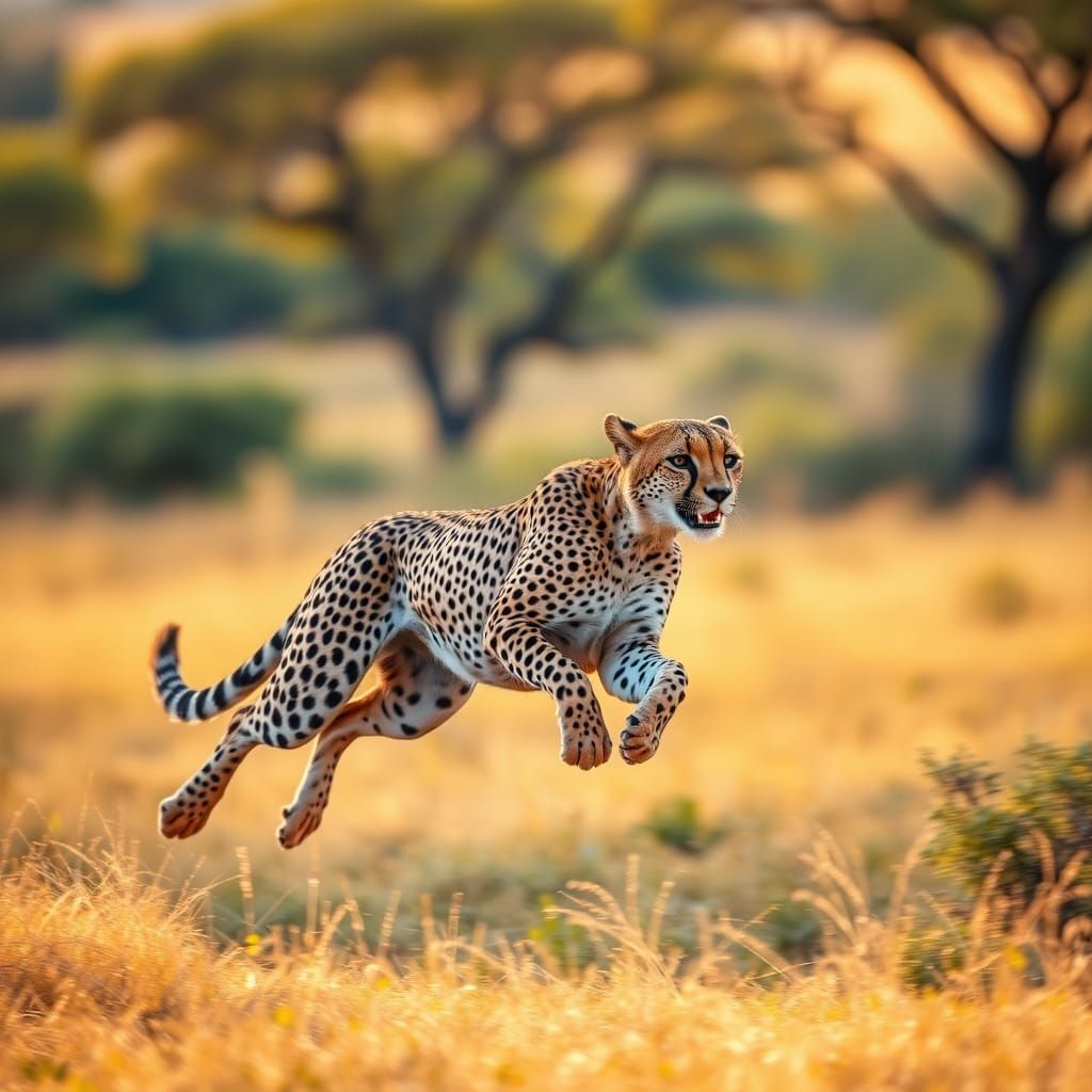 Cheetah in Mid-Stride, Savanna Sunset