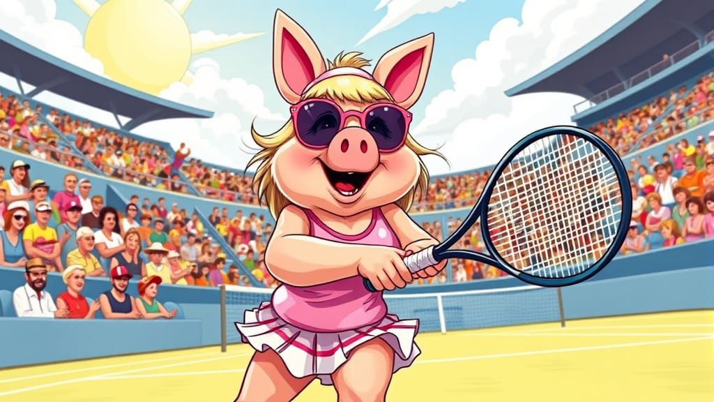 Miss Piggy Plays Tennis in Hirschfeld Style