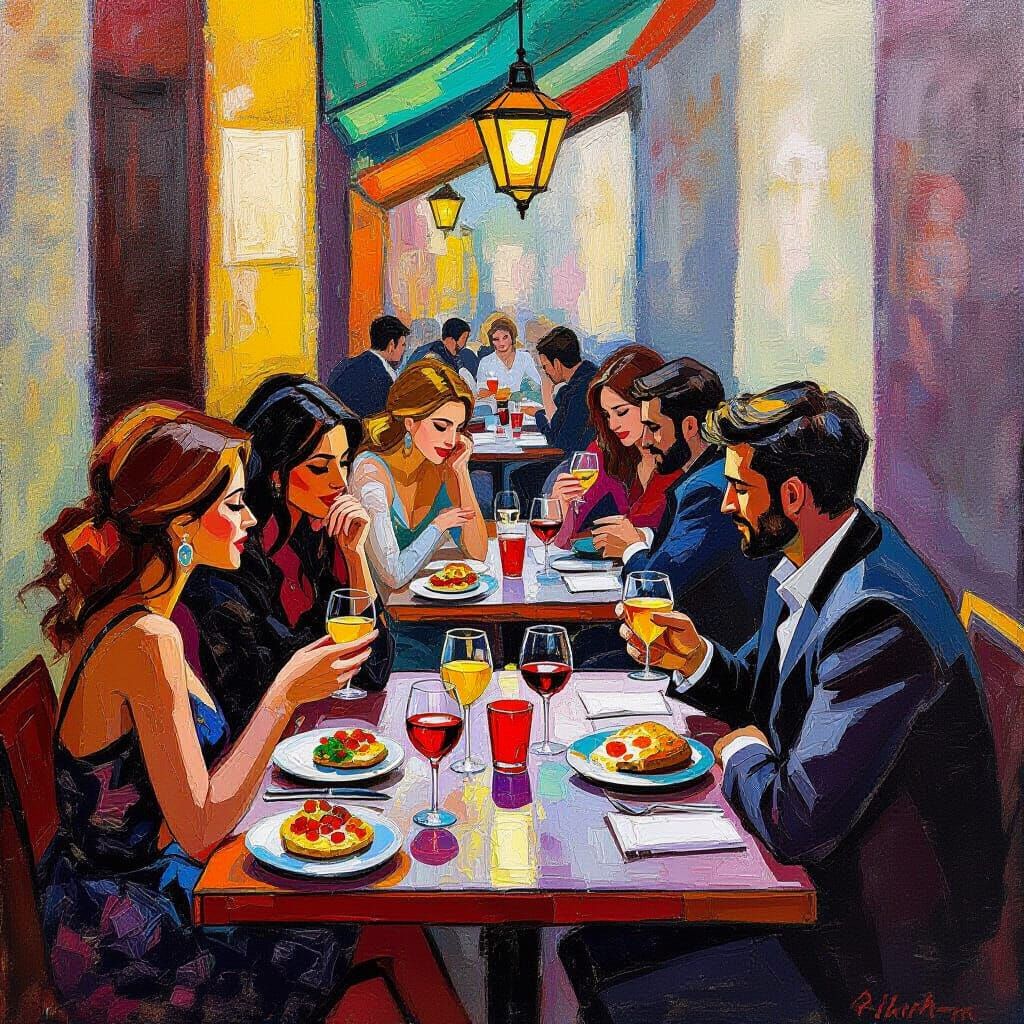 Vibrant Spanish Bar Scene in Neo-Impressionist Style