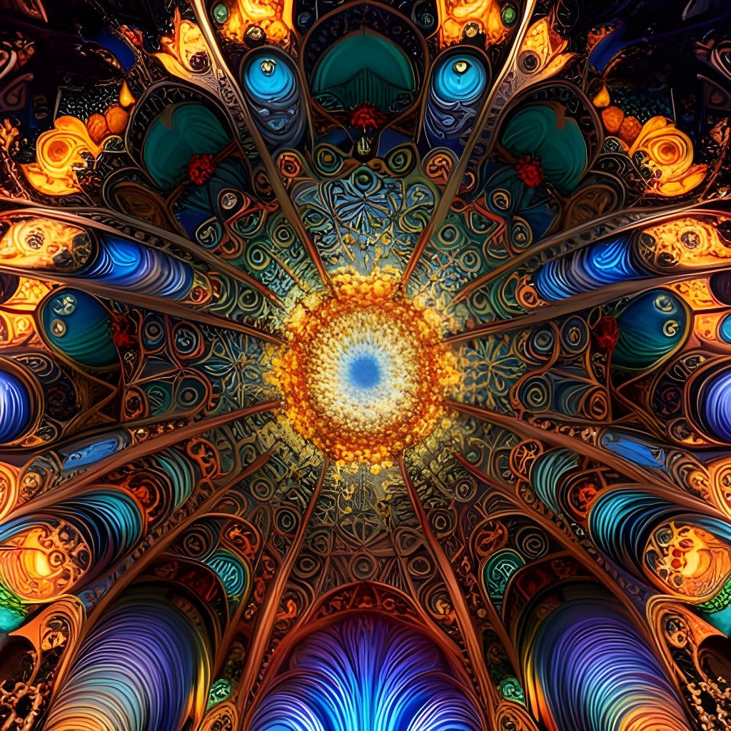 Psychedelic Mandelbrot Altar with Porcelain Statues