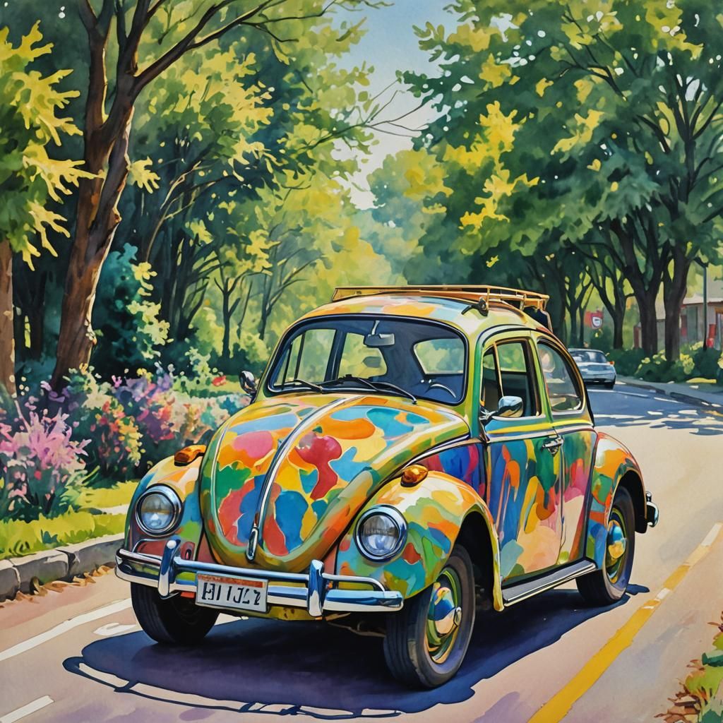 Psychedelic VW Beetle in Watercolor Gouache Style