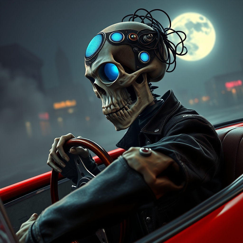 Ornate Skull Driving a Car in Cyberpunk Style