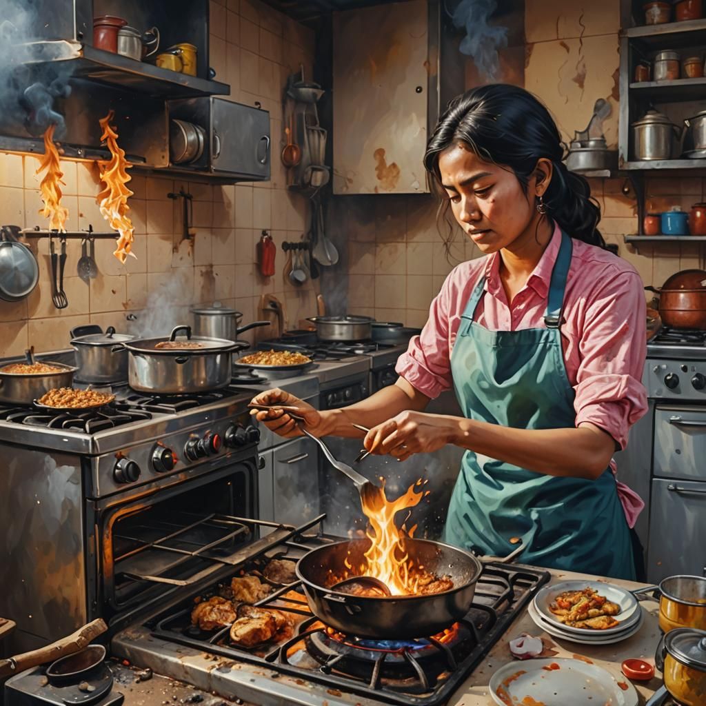 Hyperrealistic Kitchen Mishap in Splash Art Style