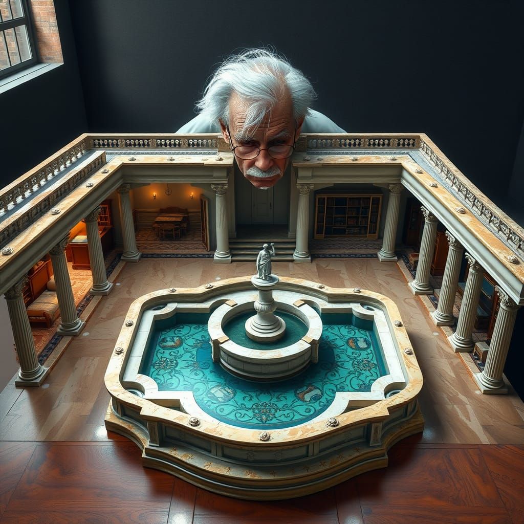 Aged Architect Contemplates Majestic Roman Atrium Model