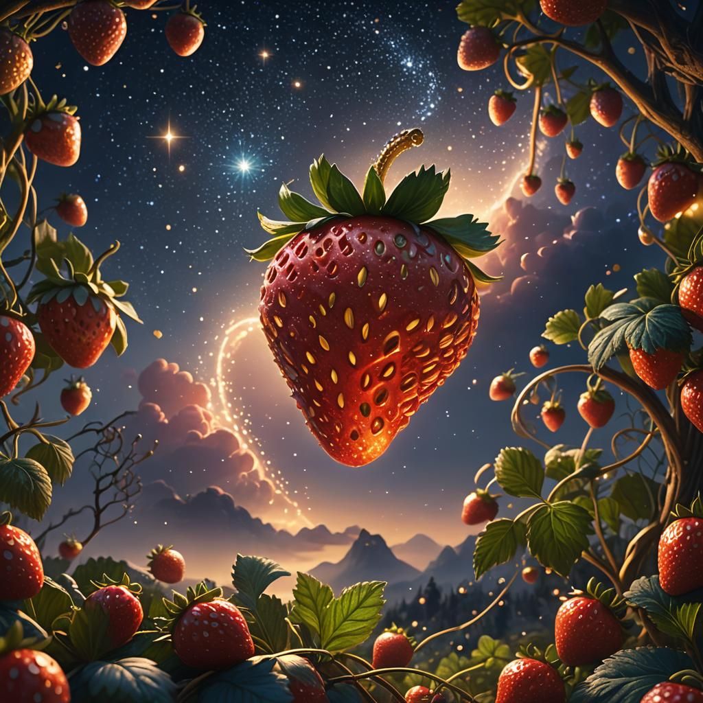 Enchanted Strawberry Gazing at Starry Sky