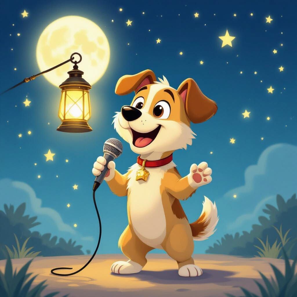 Cartoon Dog Sings with Lantern and Microphone