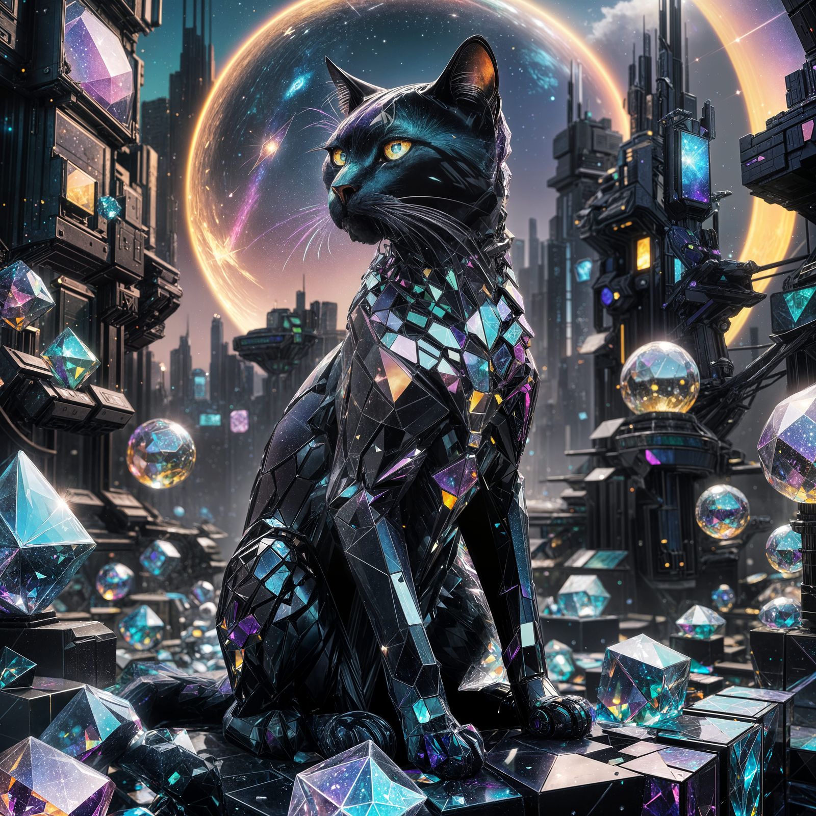Crystalline Cyberpunk Feline in Galactic Cyberspace
