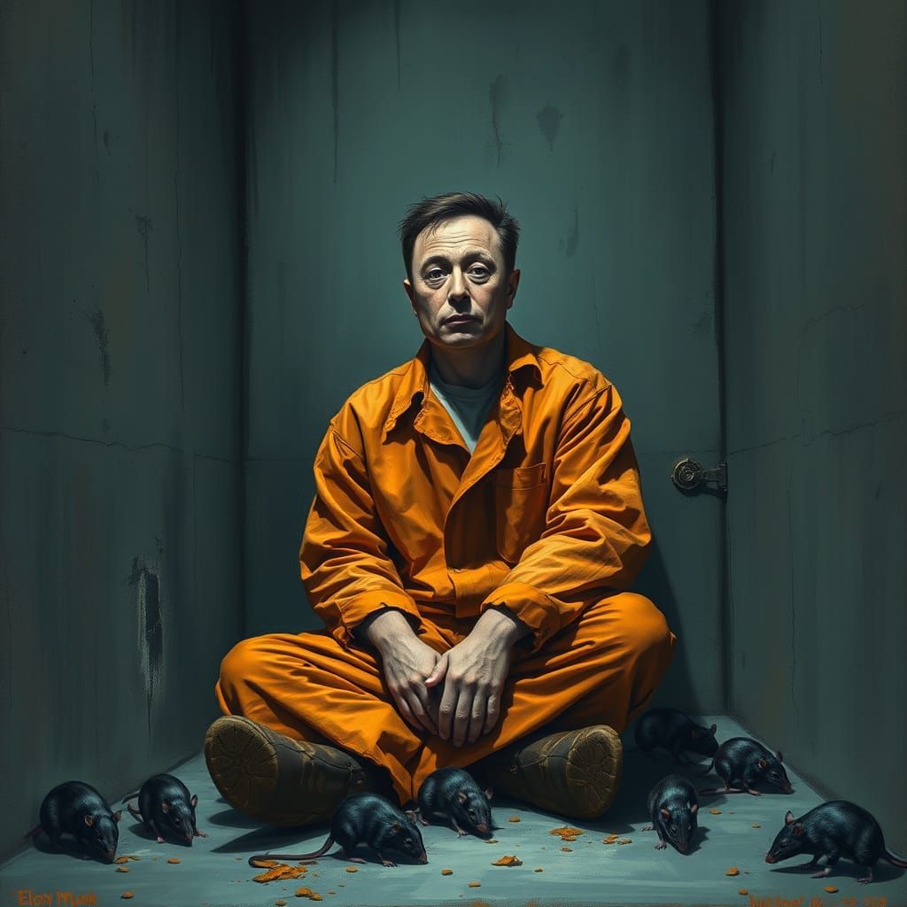 Elon musk in prison wearing orange jumpsuit, rats at his feet.