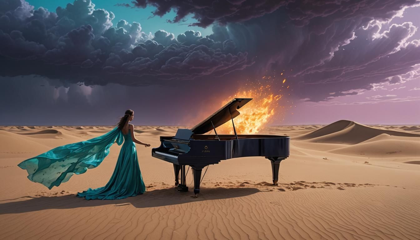 Fiery Desert Piano Concert: Beksiński-Inspired Art