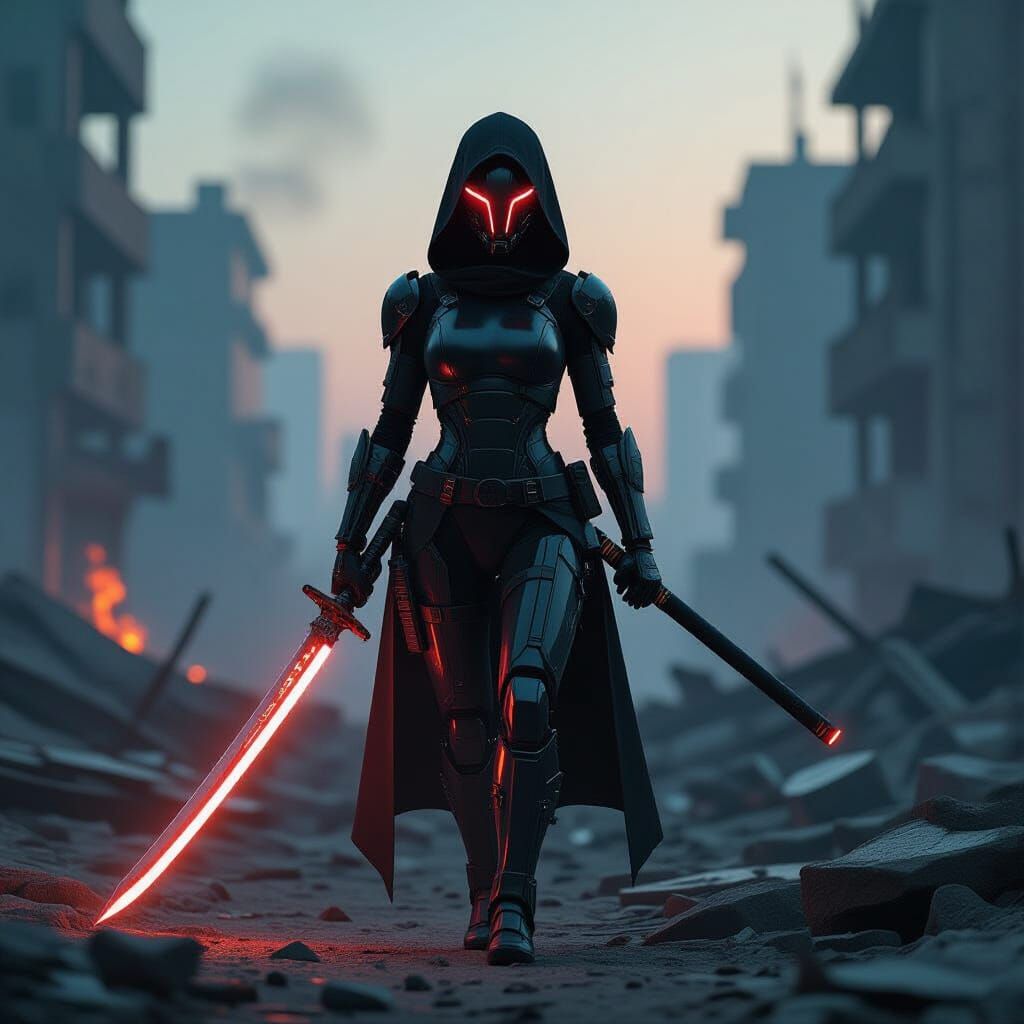 Cyborg Ninja in War-Torn Cityscape, Hyperrealistic Style