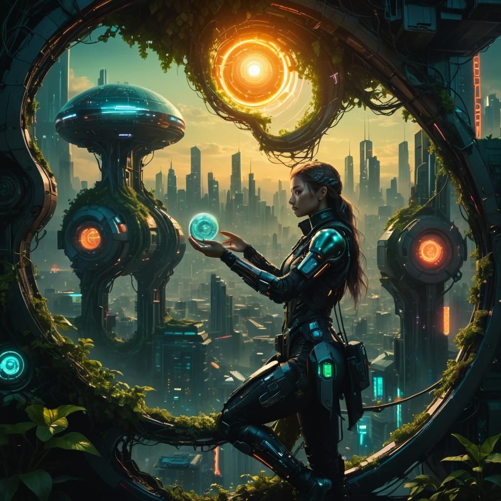 Cyberpunk Mother Nature Holds Cityscape Portal