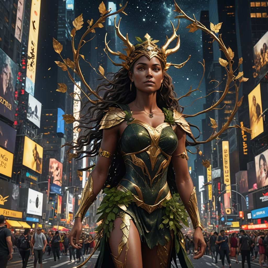 Artemis in Times Square: Golden Starry Night