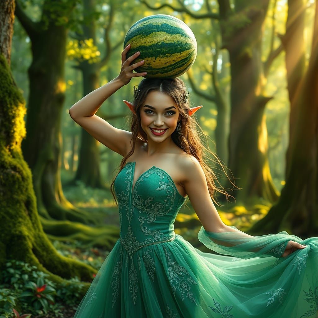 Ethereal Woman Balances Watermelon in Lush Forest