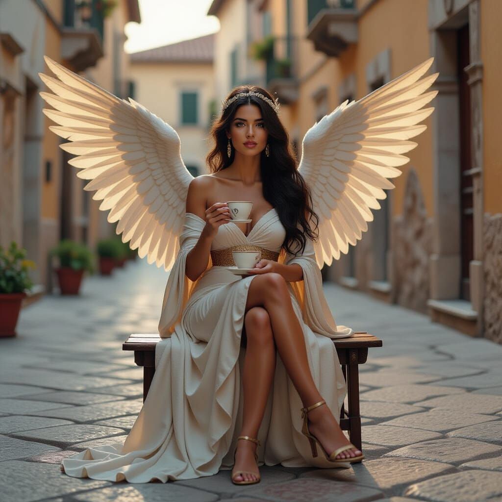 Nike, Goddess of Victory, Drinks Tea: Digital Oil Painting