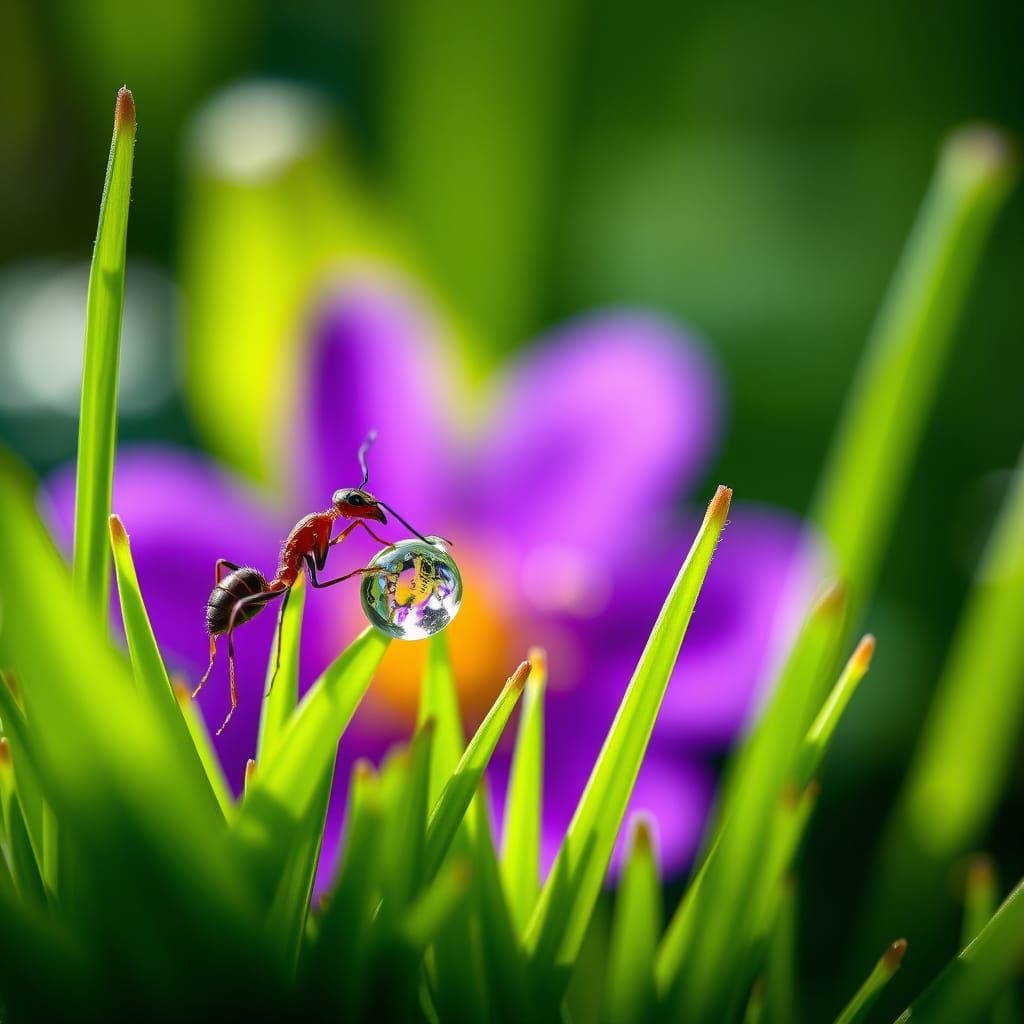 Ant in Macro Photography, Holding Water Droplet on Purple Fl...