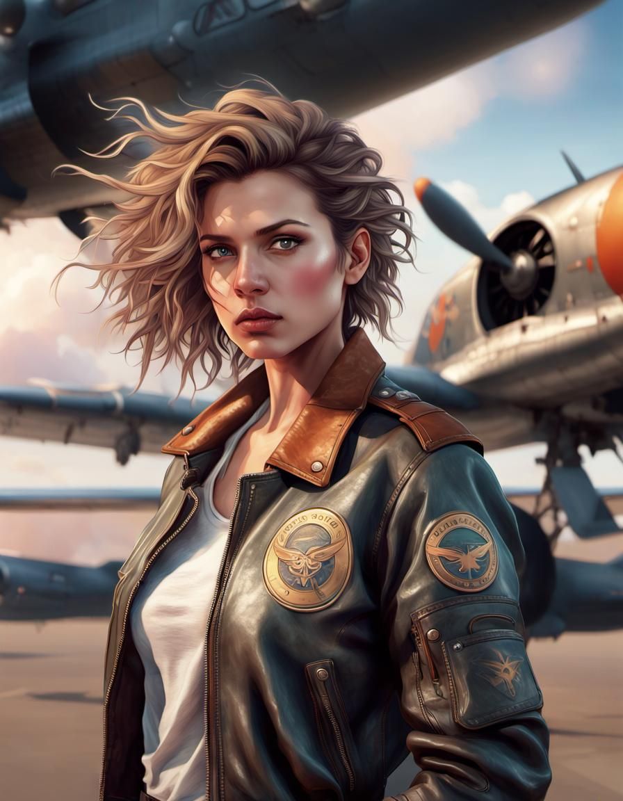 Pilot Portrait on Runway, Art Nouveau Style