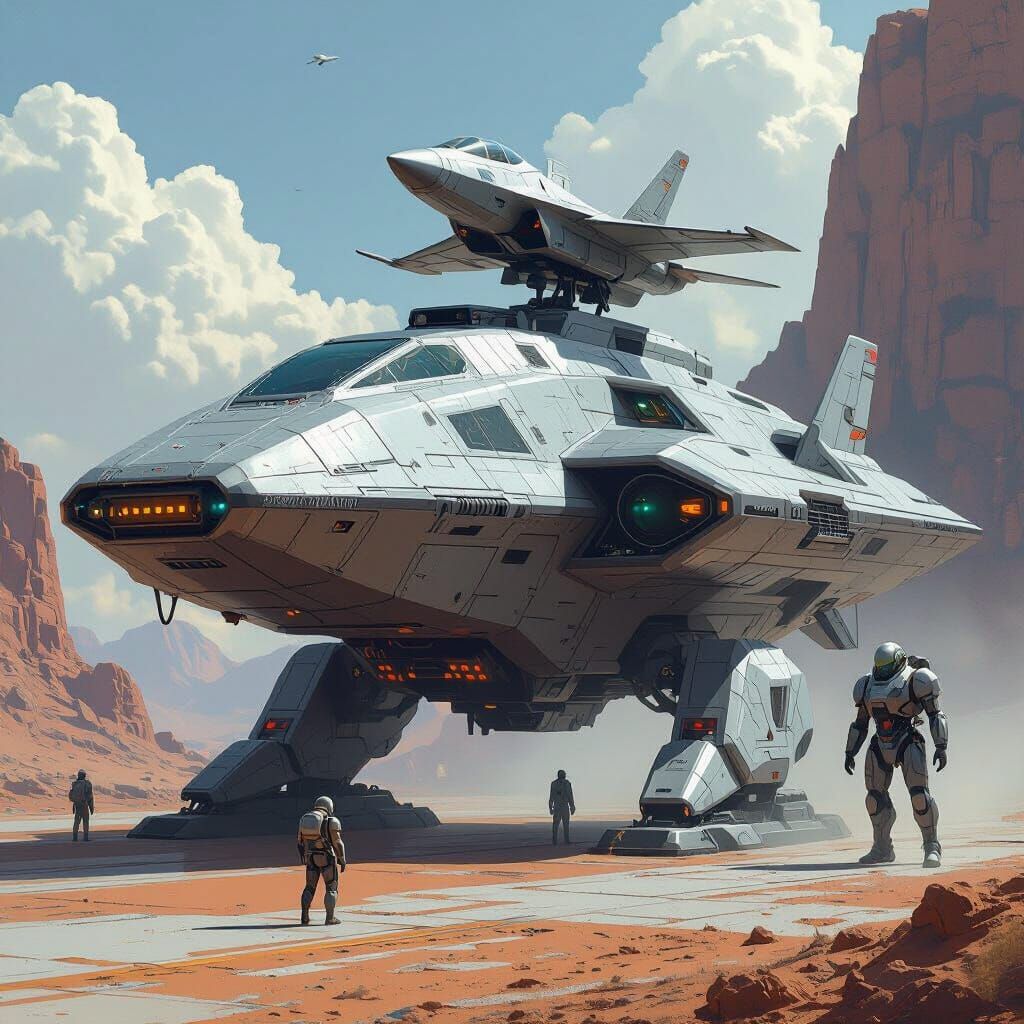 Bulky Combat Transport Ship with Mechs and Fighter