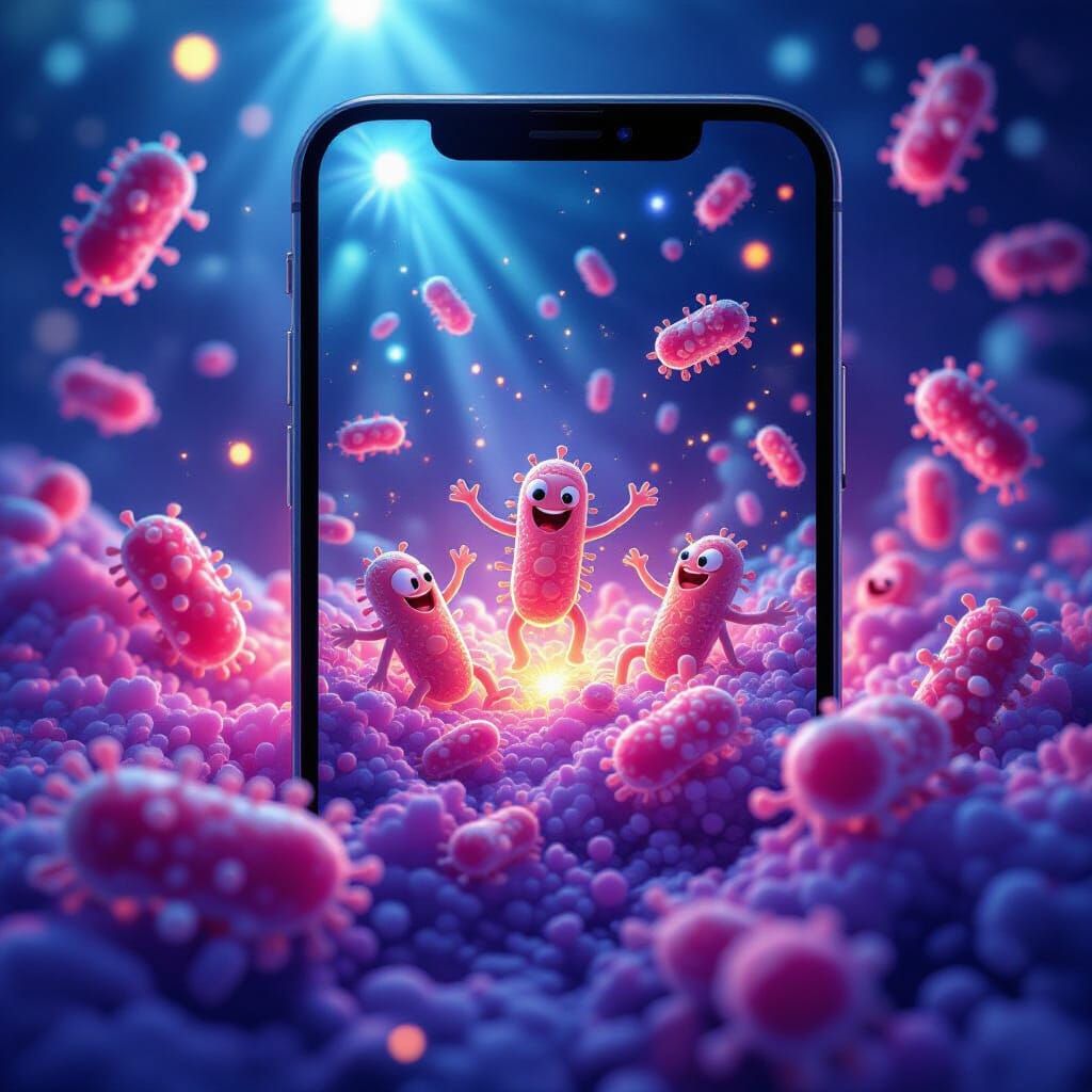 Microscopic Bacteria Party on Smartphone Screen