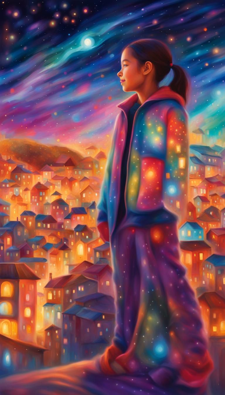 Cosmic Portrait of a Smiling Girl in Dream Town