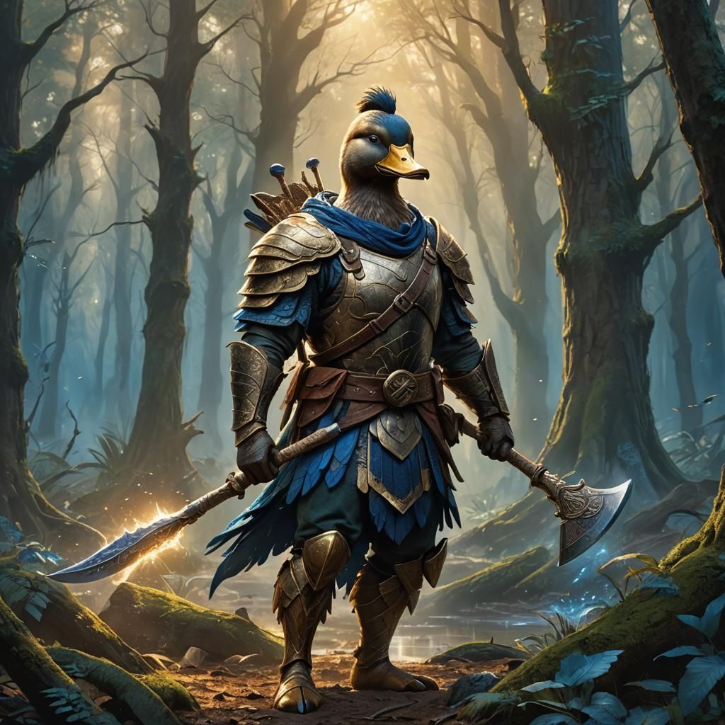 Duck Warrior in Mystical Forest: Fantasy Realism