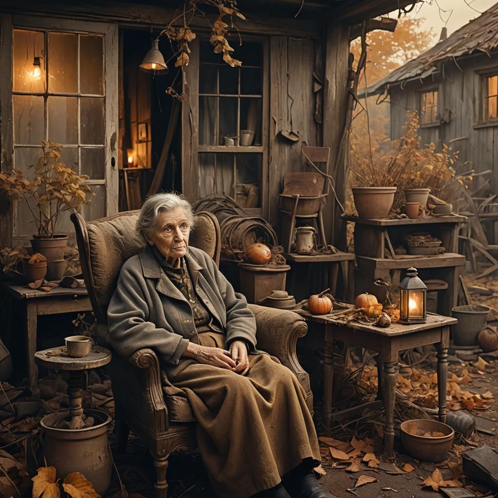 Elderly Woman in Dilapidated House: Matte Painting