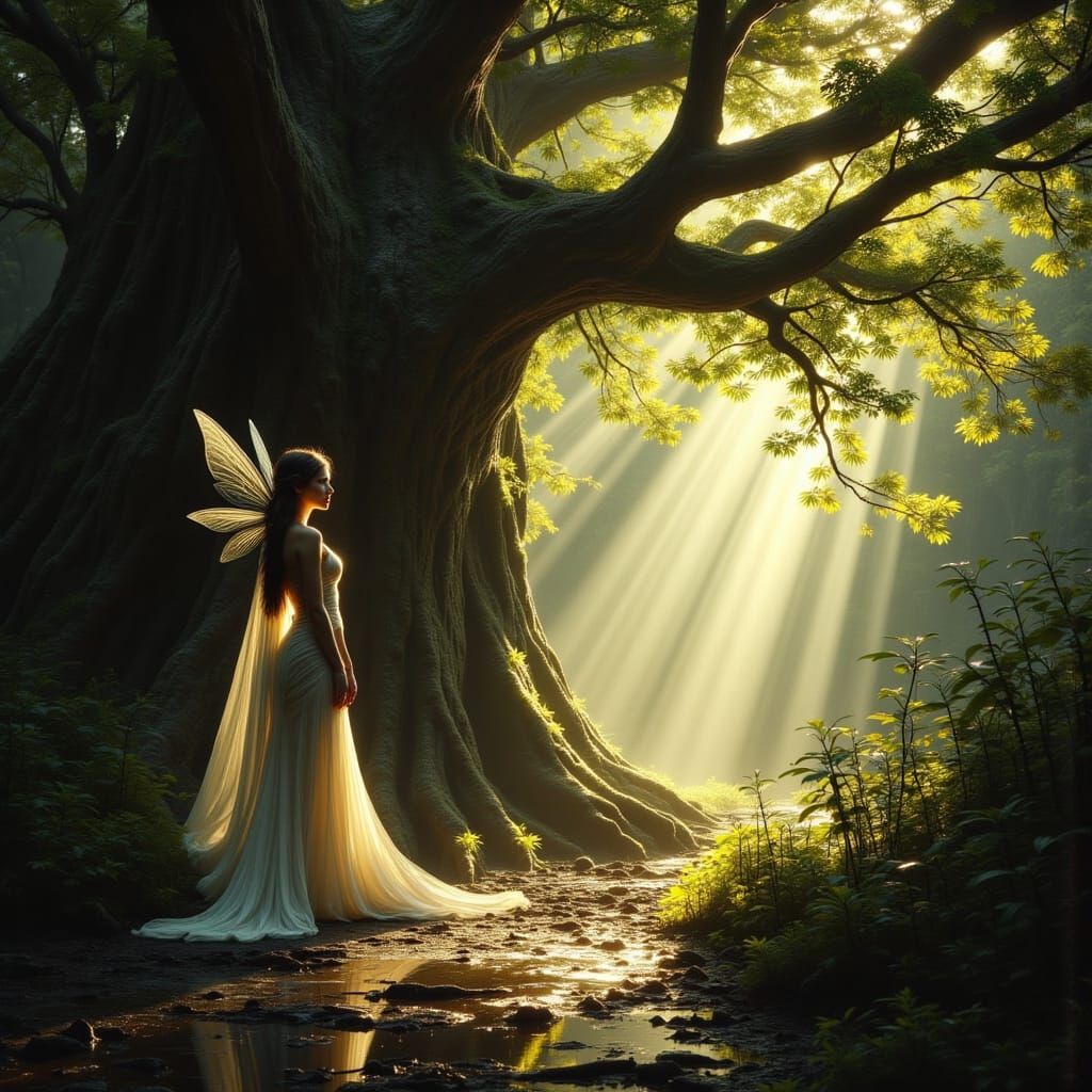 Fairy in Flowing Gown Beside Ancient Tree