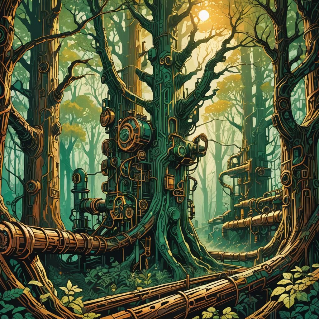 Sunlit Forest: Woodcut Concept Art in 8K