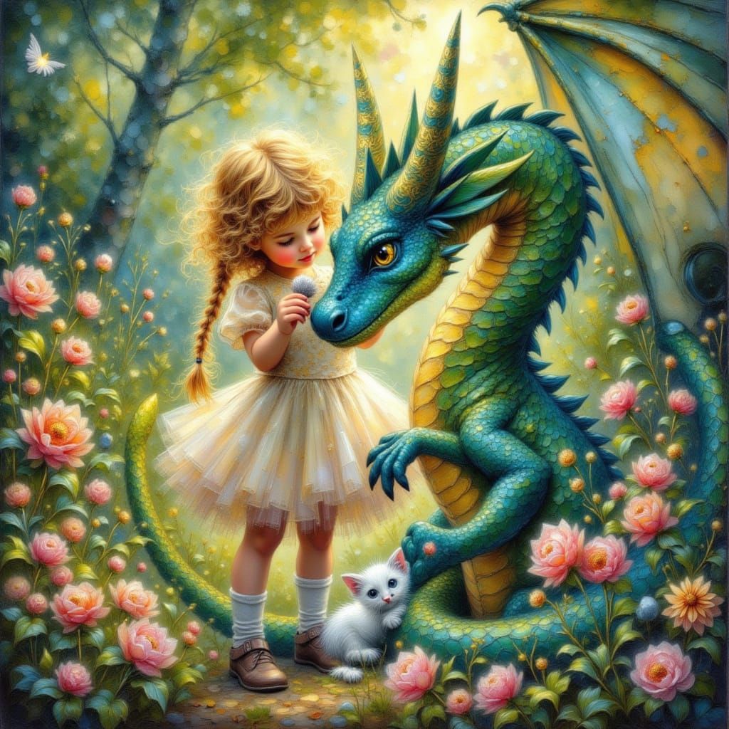 Girl, Dragon, and Kitten in Ethereal Garden