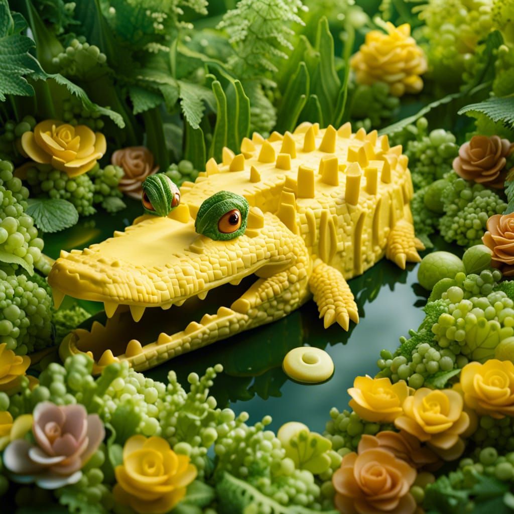 An alligator made of cheese, and salad jungles