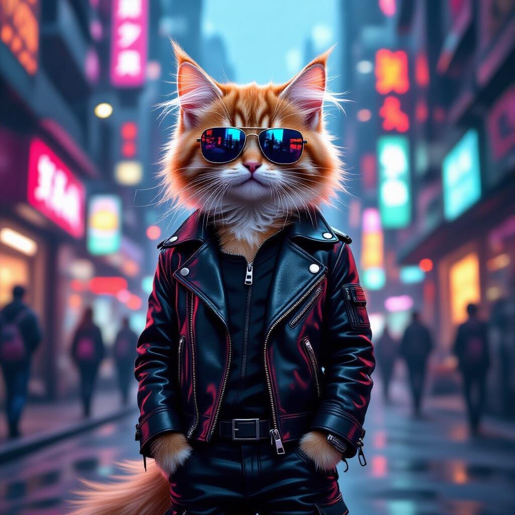 Fluffy Ginger Kitten in Cyberpunk City, in Cyberpunk Style
