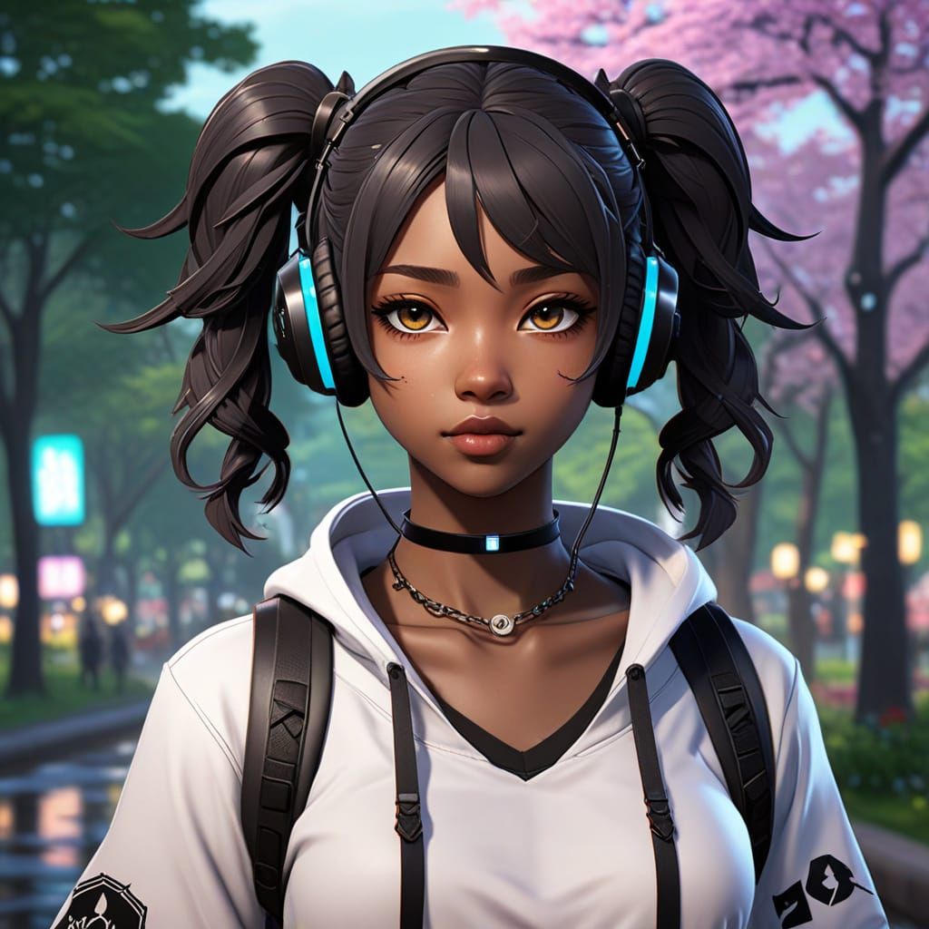 Goth Girl in Park: 3D Anime Art with Neon Lights