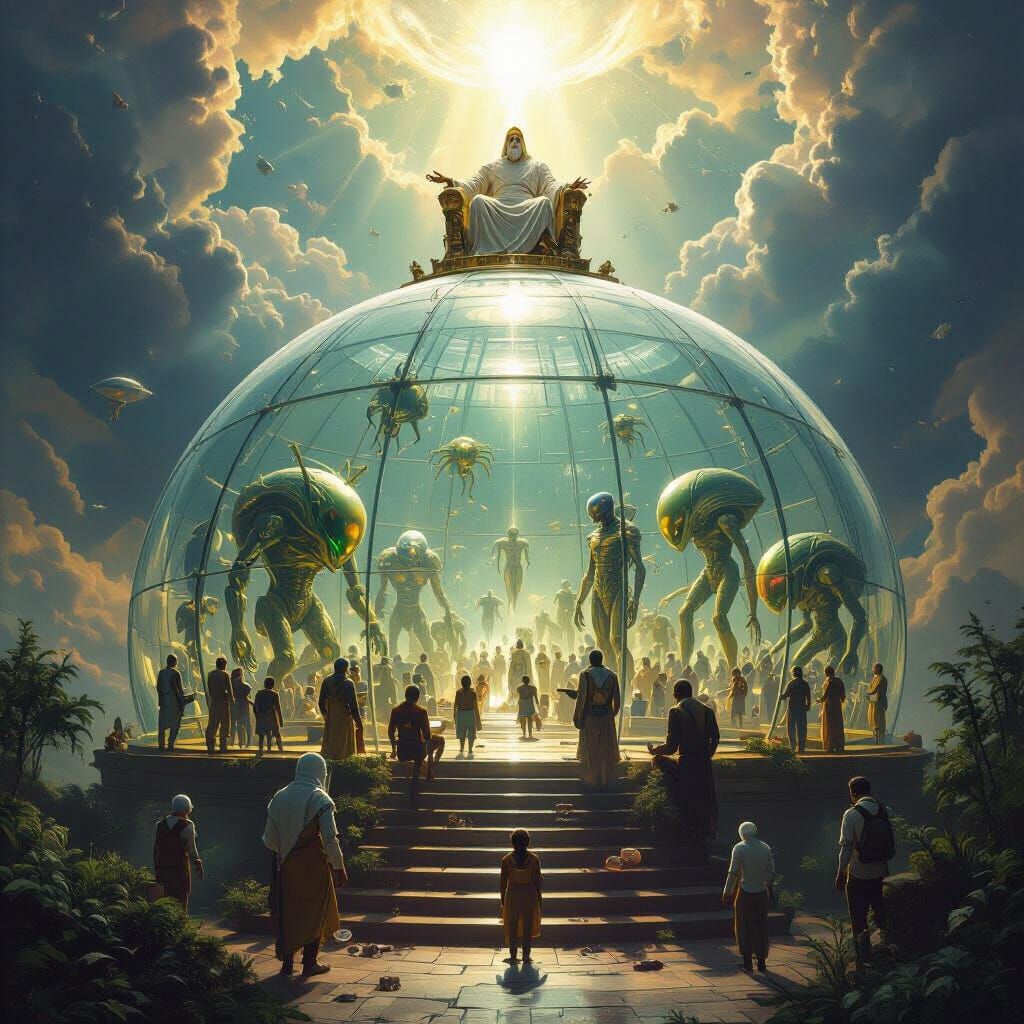 Epic Fantasy Art of Life in a Biodome Under Divine Watch