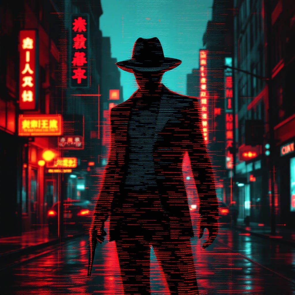 Glitched Humanoid Silhouette in Vigilante Noir Style