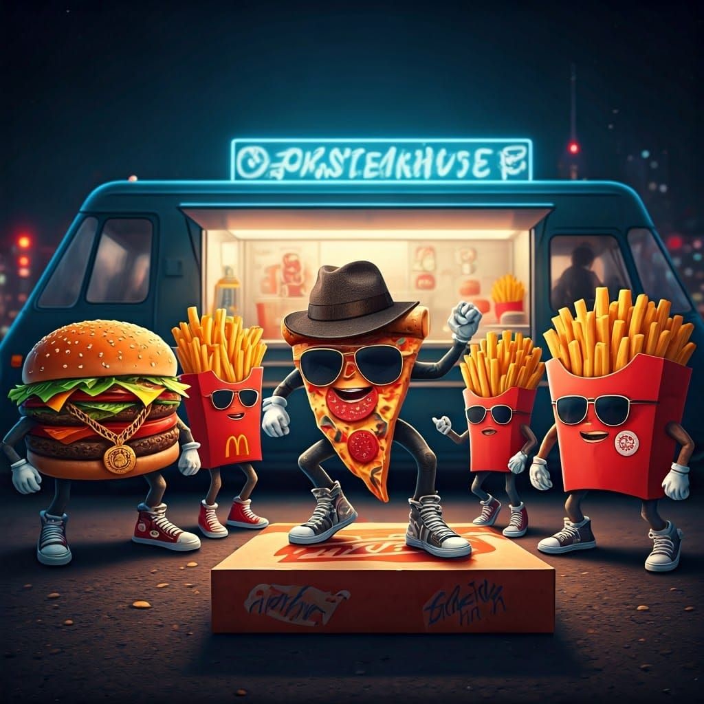 Anthropomorphic Fast Food Crew Breakdancing, Digital Art