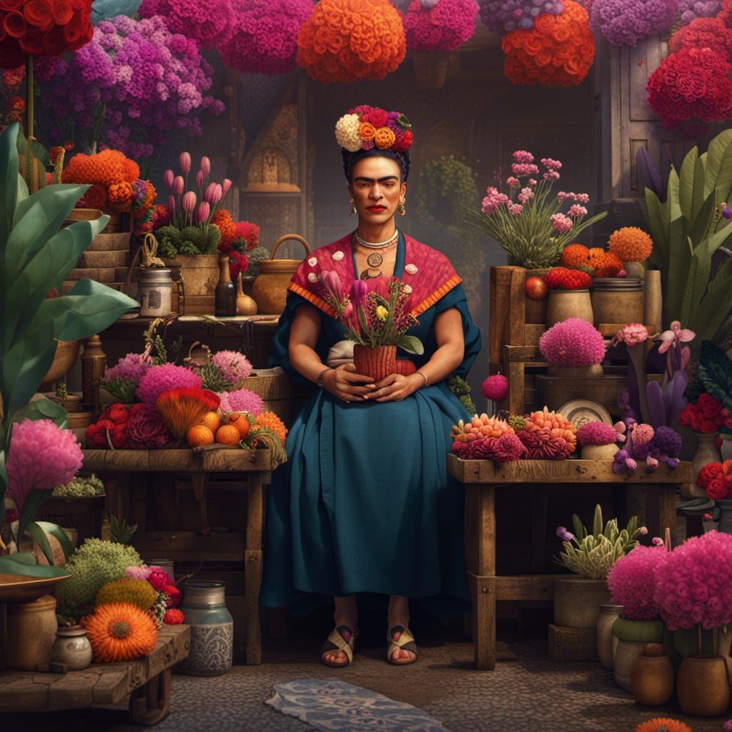 Frida Kahlo as Flower Seller: Detailed Digital Painting