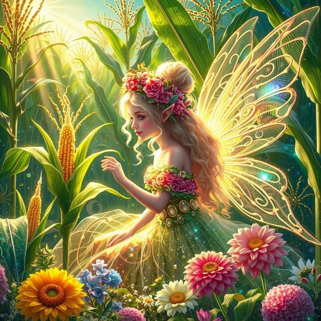 Whimsical Faerie in Sunlit Cornfield