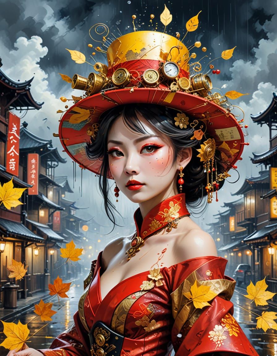 Steampunk Oiran in Red Dress with Unique Hat