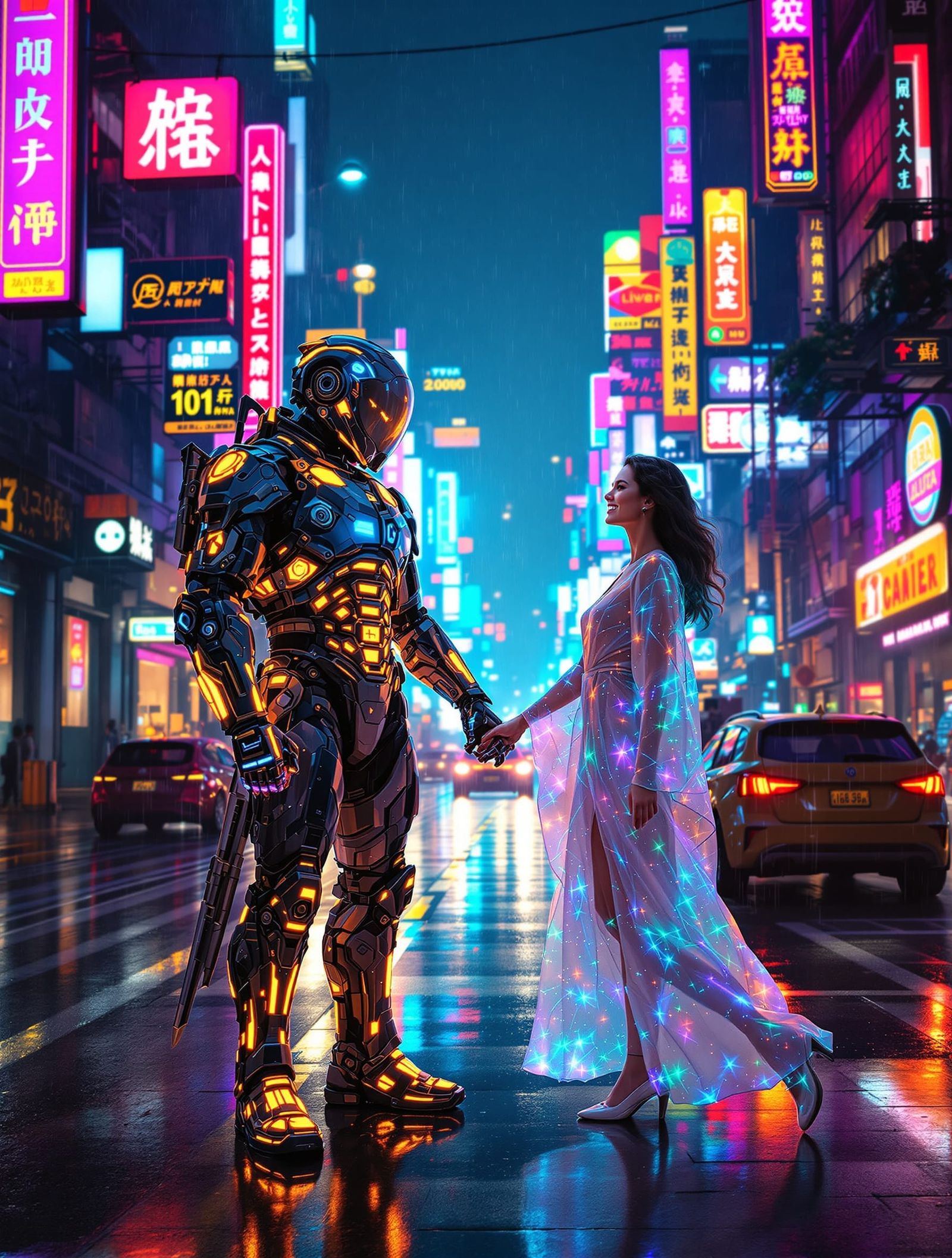 Cyberpunk Couple in Neon Metropolis, Cinematic Style