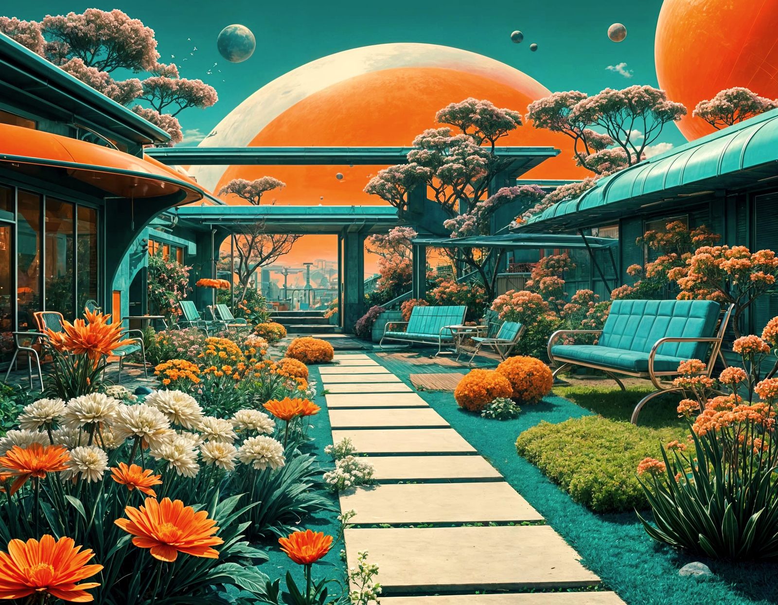 Retro Futurism Garden with Orange Blossoms and Teal Skies