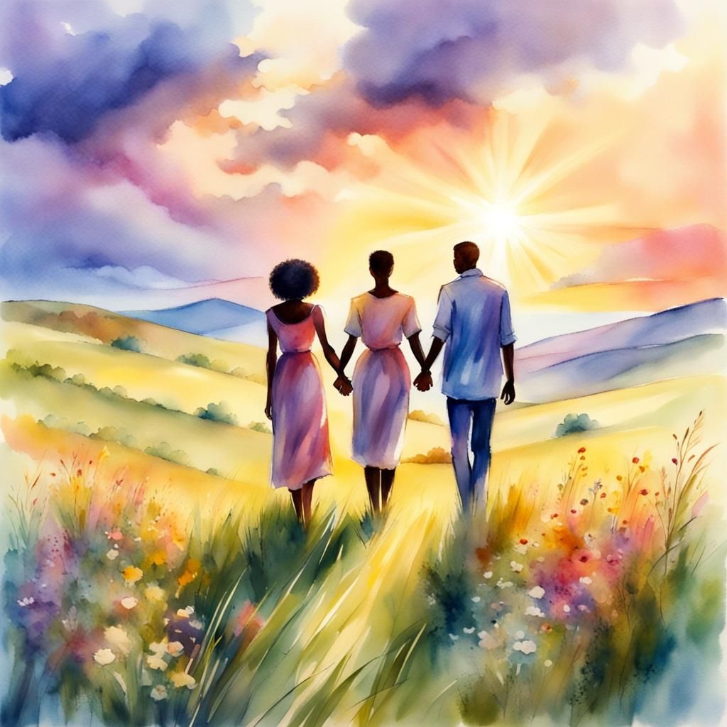 African Lovers Embrace at Sunset in Watercolor