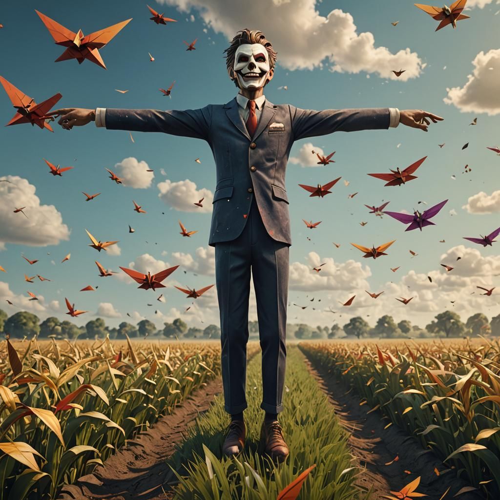 Paper Airplane Soaring Through Scarecrow Field