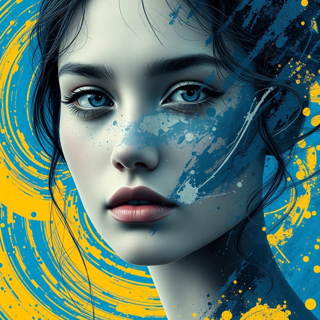 Ink-Veiled Woman in Swirling Colors: Stencil Art