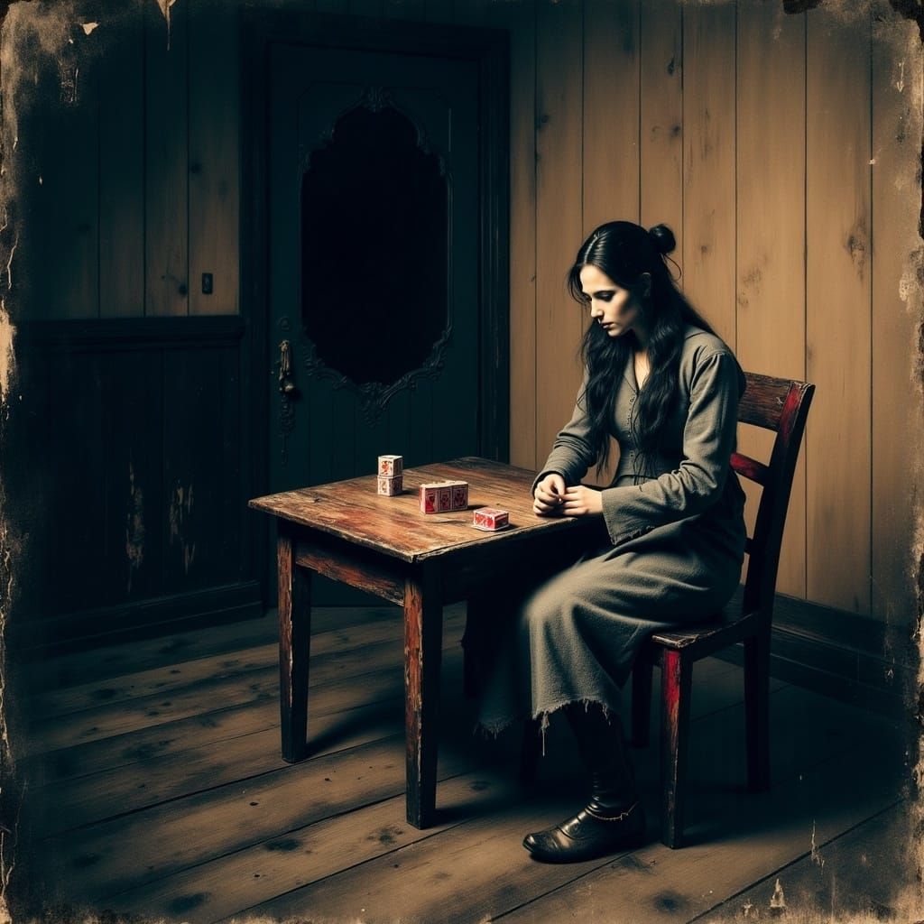 Distraught Young Woman in Grey, Russian Cottage