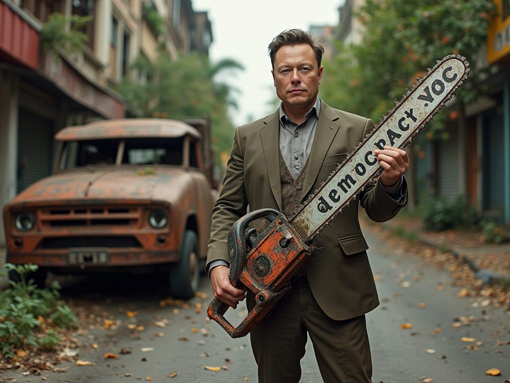 Surrealist Triumph: Elon Musk Shatters Chainsaw of Democracy...