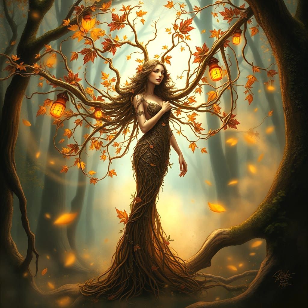 Ethereal Autumn Dryad in Whimsical Fantasy Land