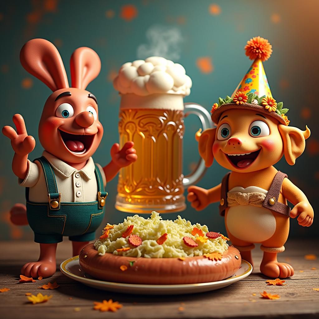 Anthropomorphic Octoberfest Feast in Hyperrealistic Style