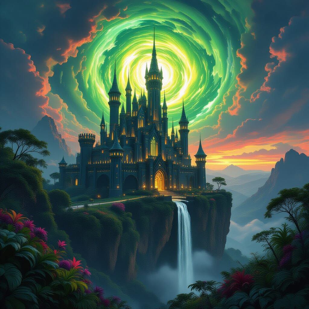 Obsidian Castle Over Alien Jungle, Cinematic Lighting