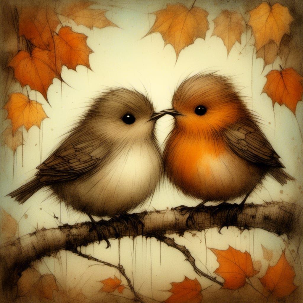 Fluffy Robins Huddle Together in Autumn