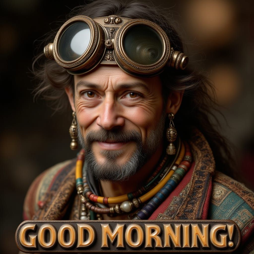 Joyful Hippie with Flaming Text, in Photo-Surrealism