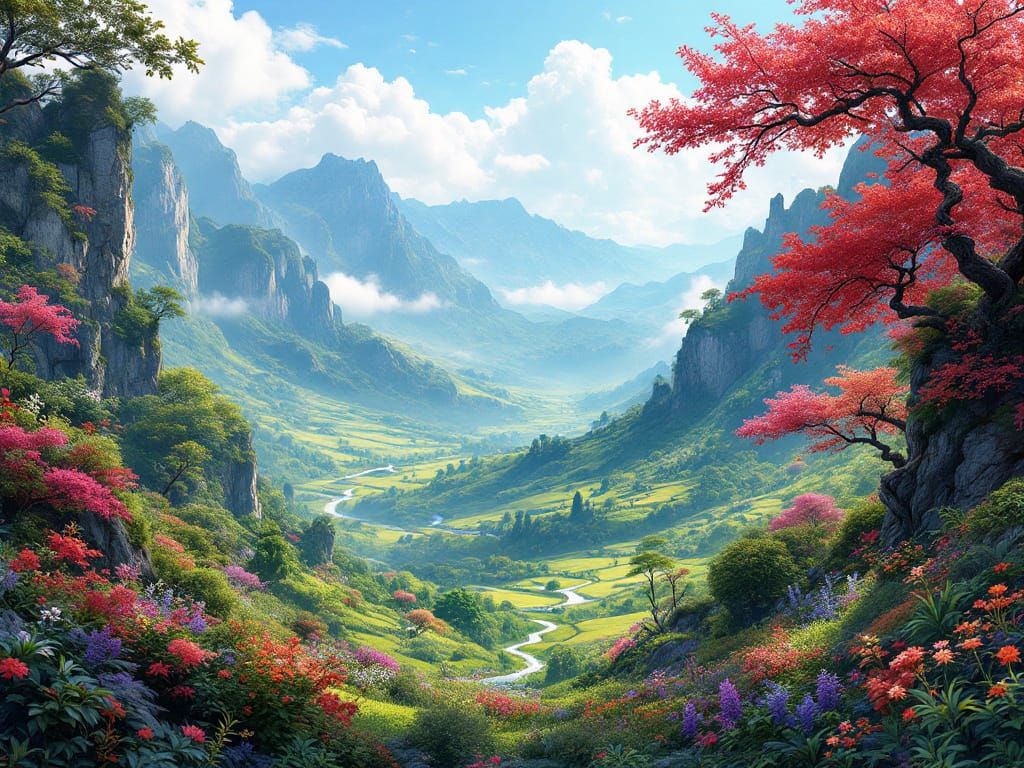 Hyperrealistic Asian Valley Landscape with Intricate Details